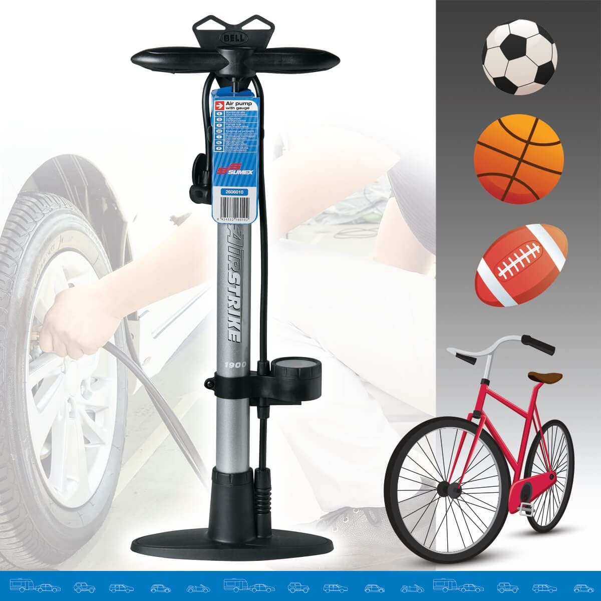 CAR+ 2606010 "Bike Style Hand Air Pump with Pressure Gauge, Multicolour - Image 2