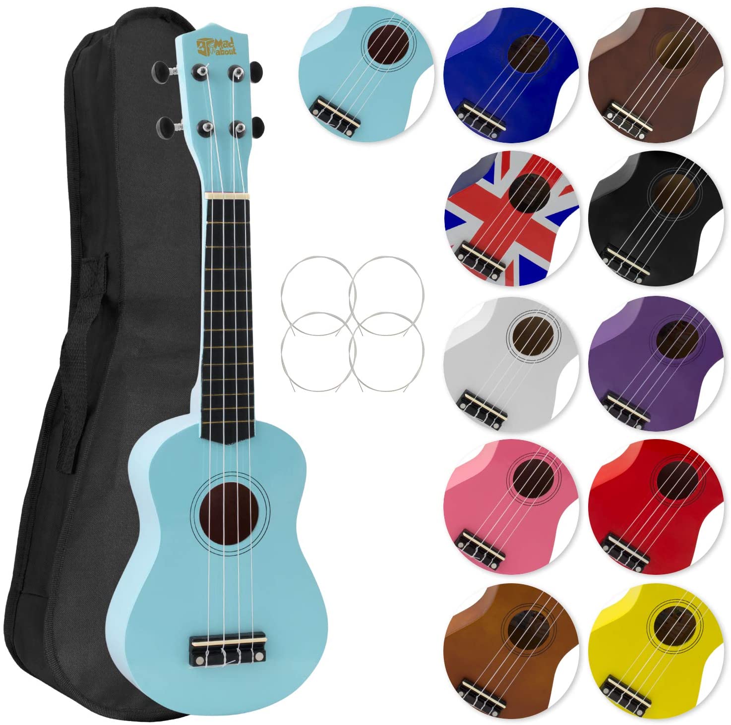 Mad About SU8 Soprano Ukulele in Light Blue with FREE Gig Bag, Pick, and Spare Strings - Great for Schools and Beginners