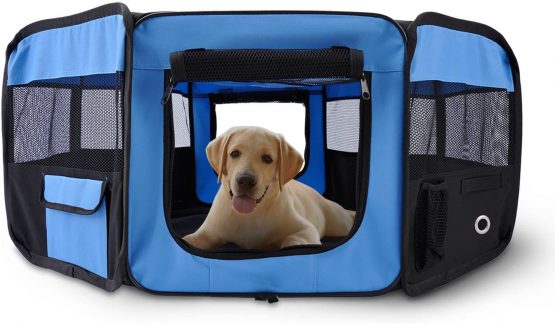 PawHut Fabric Pet Puppy Dog Cat Rabbit Pig Guinea Playpen Play Pen Run L37 x H37cm x D95cm Blue and Black - Image 3