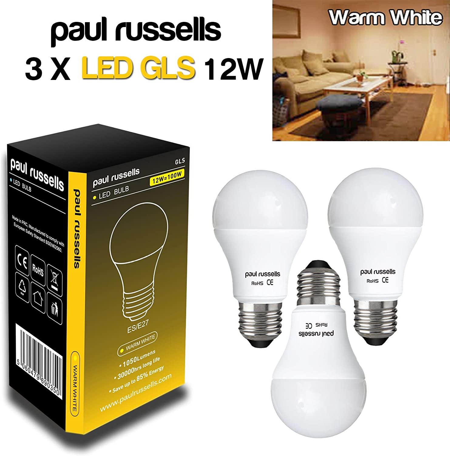 paul russells LED GLS Lights Edison Screw ES, 75w Equivalent, 9.5watt 1055LM LED Bulbs, 2700K Warm White - Image 4