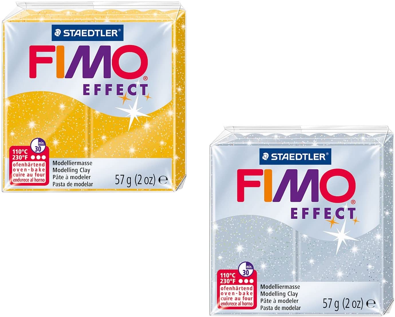 STAEDTLER 8020 AMZ 02 Fimo Effect Glitter Modelling Clay 2 Blocks 57 g Yellow/Silver, Gold/Silver, 2-Set