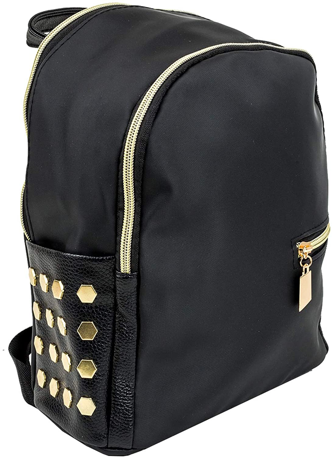 Emartbuy Black Fabric Studded Ladies Women Girls Backpack Fashion Shoulder Zip Bag Travel Rucksack - Gold Studs