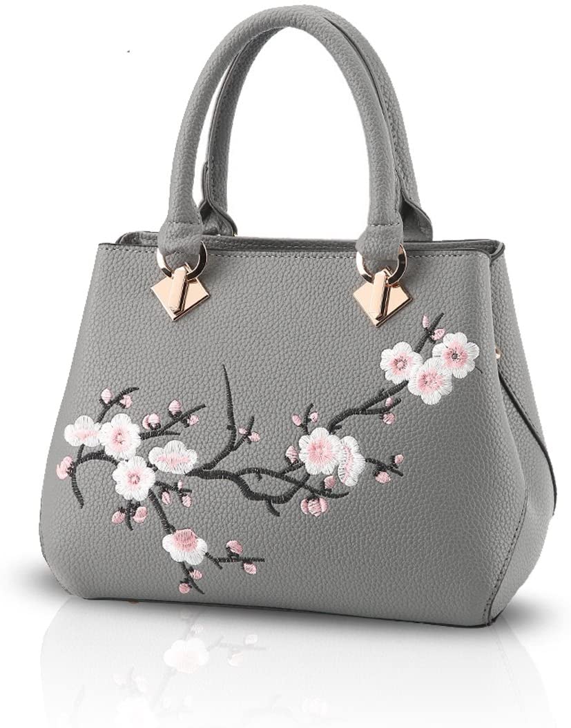 NICOLE&DORIS Woman Floral Pattern Crossbody Soft Tote Commuter PU Leather Handbag, Gray, M
