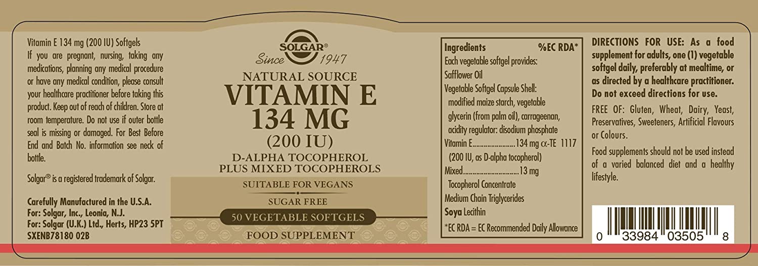 Solgar Natural Source Vitamin E 134 mg (200 IU) Vegetable Softgels - Pack of 50, White - Image 4