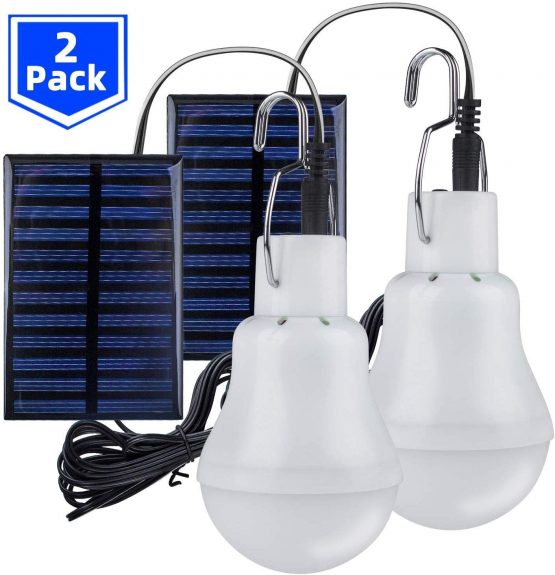 2 Pack Solar Powered Led Shed Light Bulb, TechKen Portable Lantern Lamp with Panel for Indoor Outdoor Kitchen Garden Patio Yard Hiking Camping Tent Fishing Lighting