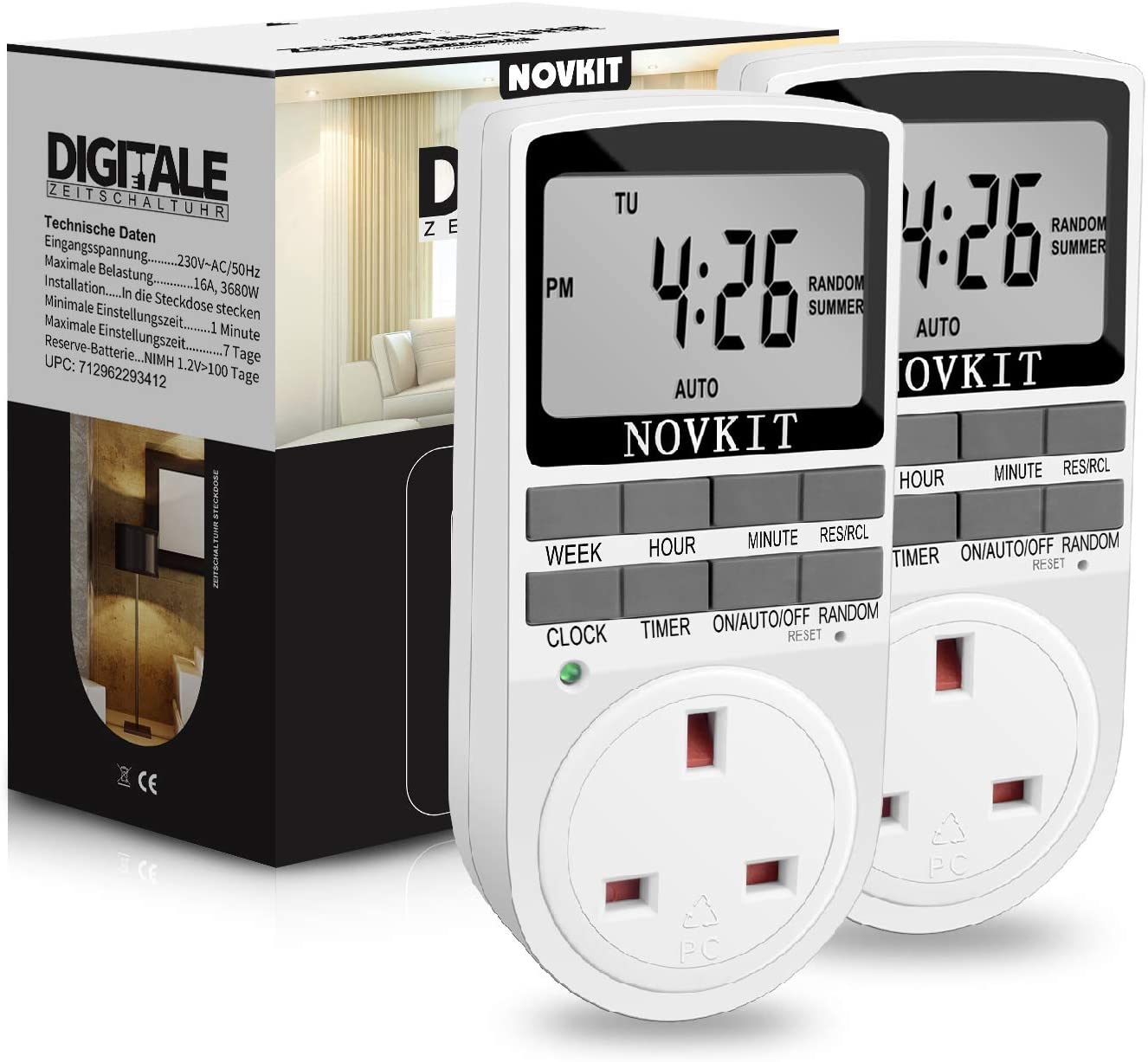 2 x NOVKIT Digital Security Timer Plug Socket Programmable Switch Timer with 10 ON-Off Programs and Random Mode for Home and Indoor (230V