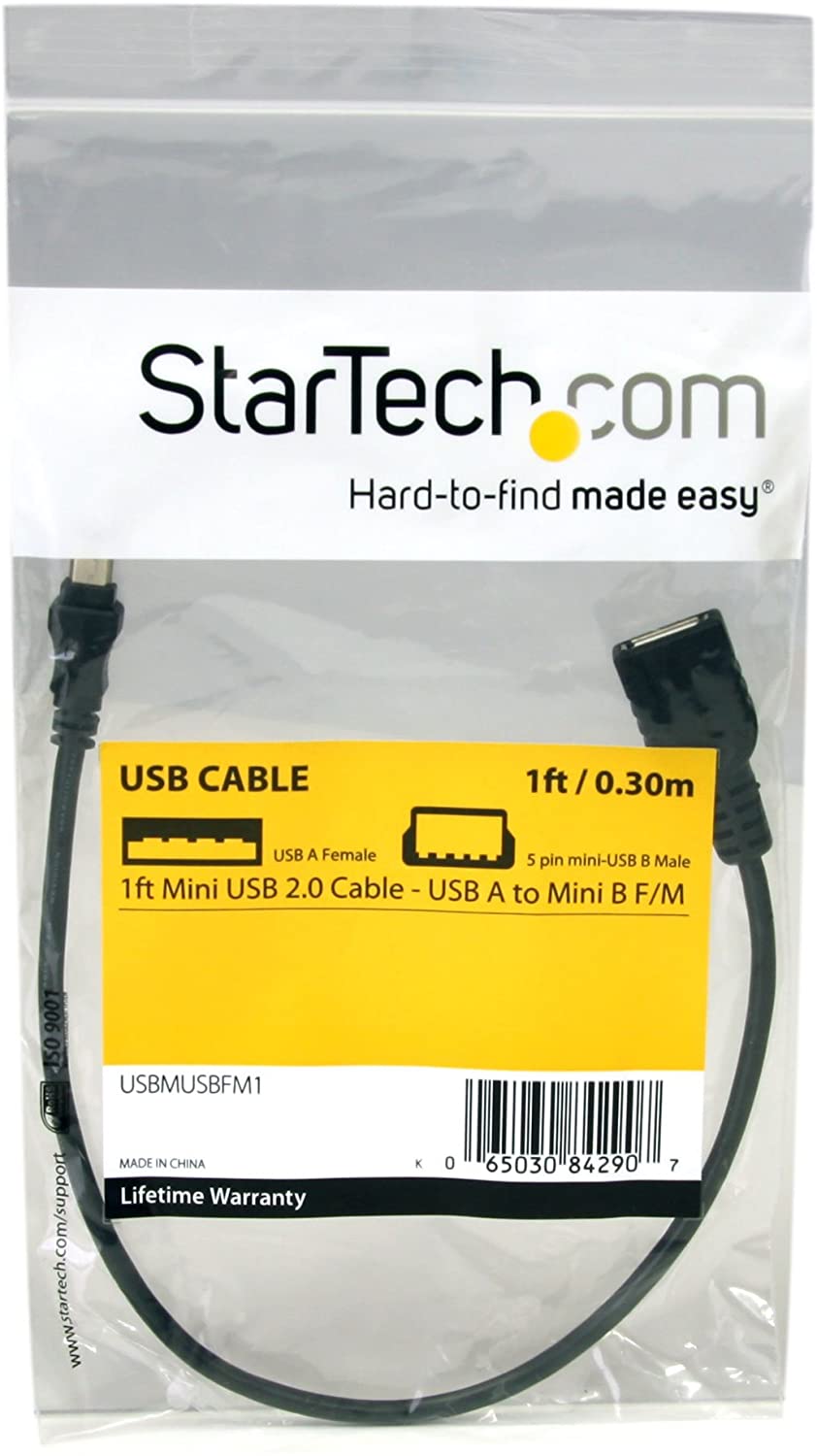 StarTech 1 feet Mini USB 2.0 Cable - USB A to Mini B F/M, Black, 1 foot - Image 4