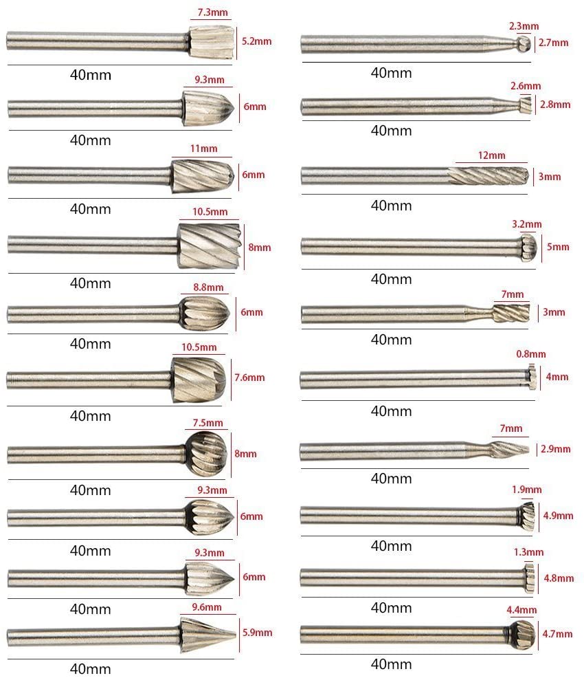 Tungsten Carbide HSS Rotary Burr Set - APlus 20pcs Wood Carving Drill Bits Set with 3mm 1/8 inch Shank for DIY Woodworking, Carving, Engraving, Drilling (Fit for Dremel) - Image 2