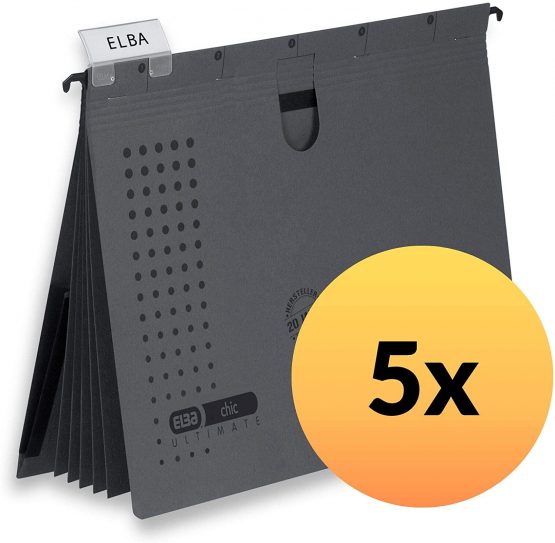 ELBA Chic Ultimate 100333016 Suspension File Pack of 5 Recycled Cardboard for DIN A4 with 5 Dividers and Binding Inner Pocket on The Back in Anthracite