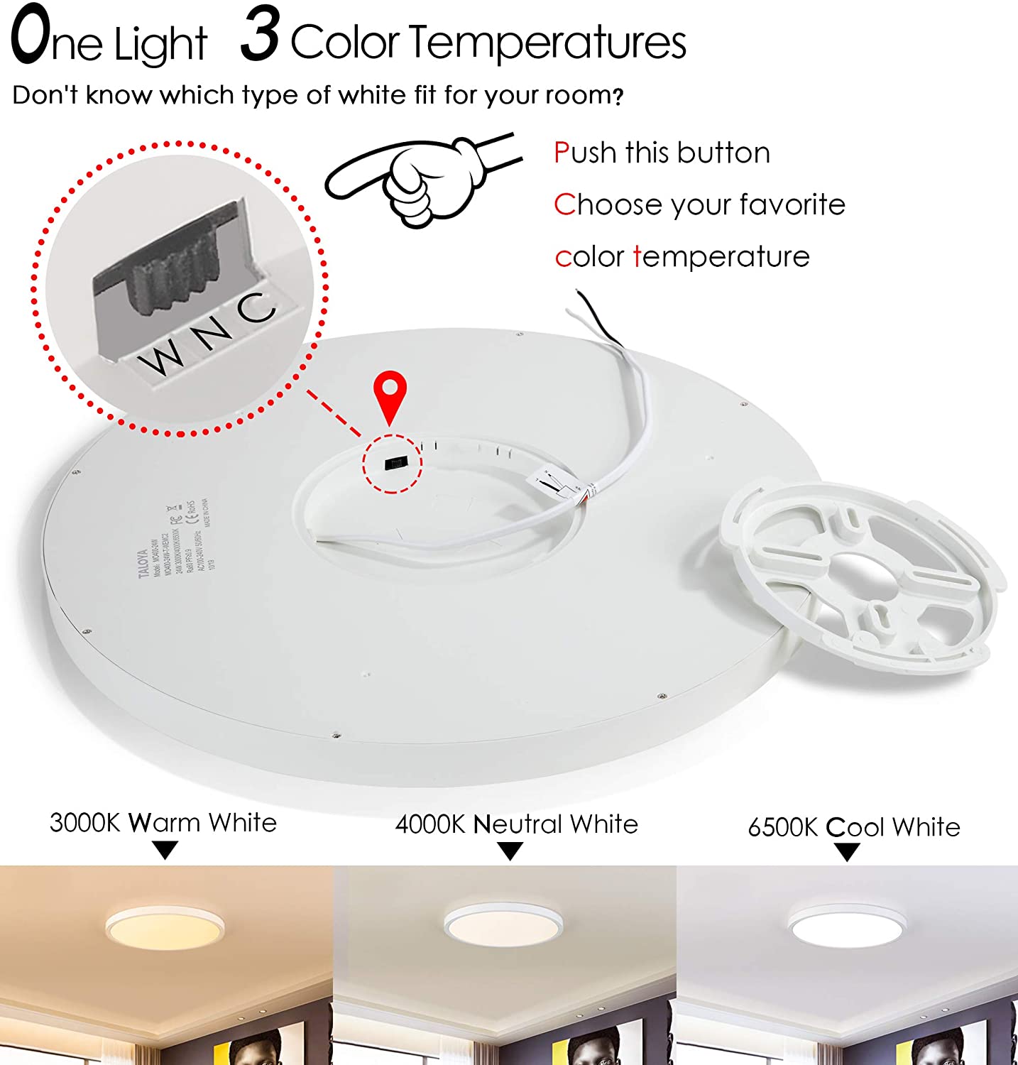 TALOYA White Flush Mount Ceiling Light 20Watt diameter 30cm,Round LED Light Fitting for Bedroom Kitchen Hallway Foyer,3 Color Temperatures in One (Warm/Neutral/Daylight White) - Image 2