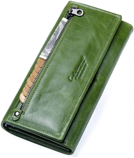 Contacts Womens Genuine Leather Wallet with Card ID Coin Holder Zipper Clutch Oyster Purse