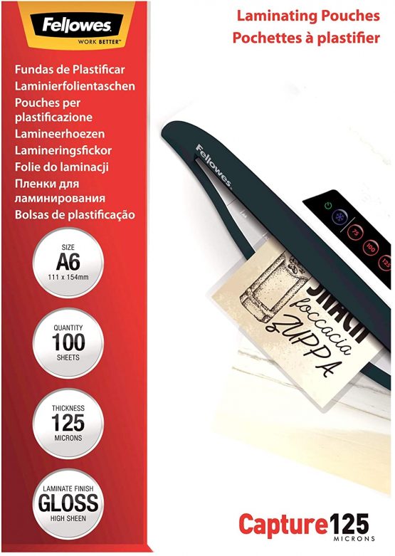 Fellowes A6 Laminating Pouches, Gloss, 250 Micron (2 x 125 Micron) - Pack of 100