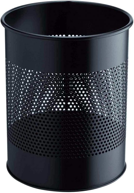 Durable Metal Round Waste Bin Black 15 Litre Capacity | Stylish 165 mm Perforated Ring | Waste Basket for Offices, Schools, Home, etc.