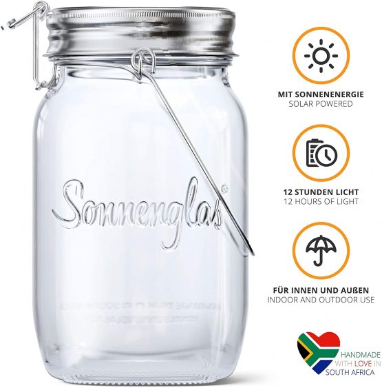 SONNENGLAS Classic 1000ml | Original Award-Winning Solar Lantern|Indoor and Outdoor | With USB Charging l Glass and Stainless Steel | Decorate Inside | Fair Trade from South Africa