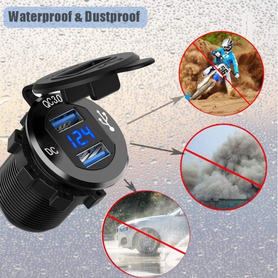 Quick Charge 3.0 Car Charger Socket 12V/24V 36W Aluminum QC3.0 Dual USB Fast Charger Socket Power Outlet with LED Voltmeter for Marine, Boat, Motorcycle, Truck, Golf Cart (Dual QC3.0 (Blue)) - Image 3