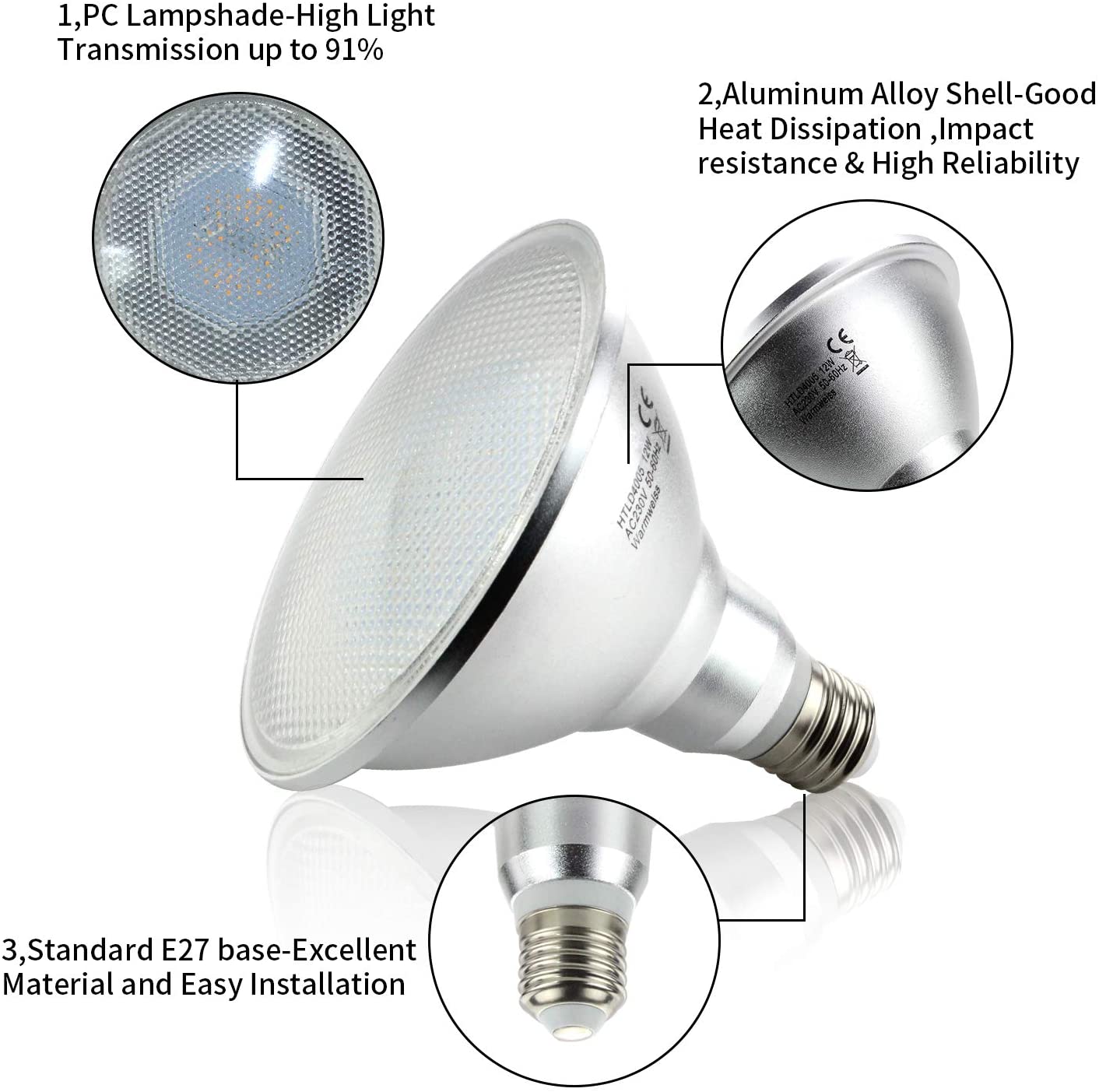 HiBay 2 Packs 12W E27 PAR38 LED Bulbs Spot Lights Warm White ES PAR 38 Floodlights IP20, Eqv. to 120W Halogen Reflector Lamps 240V - Image 2