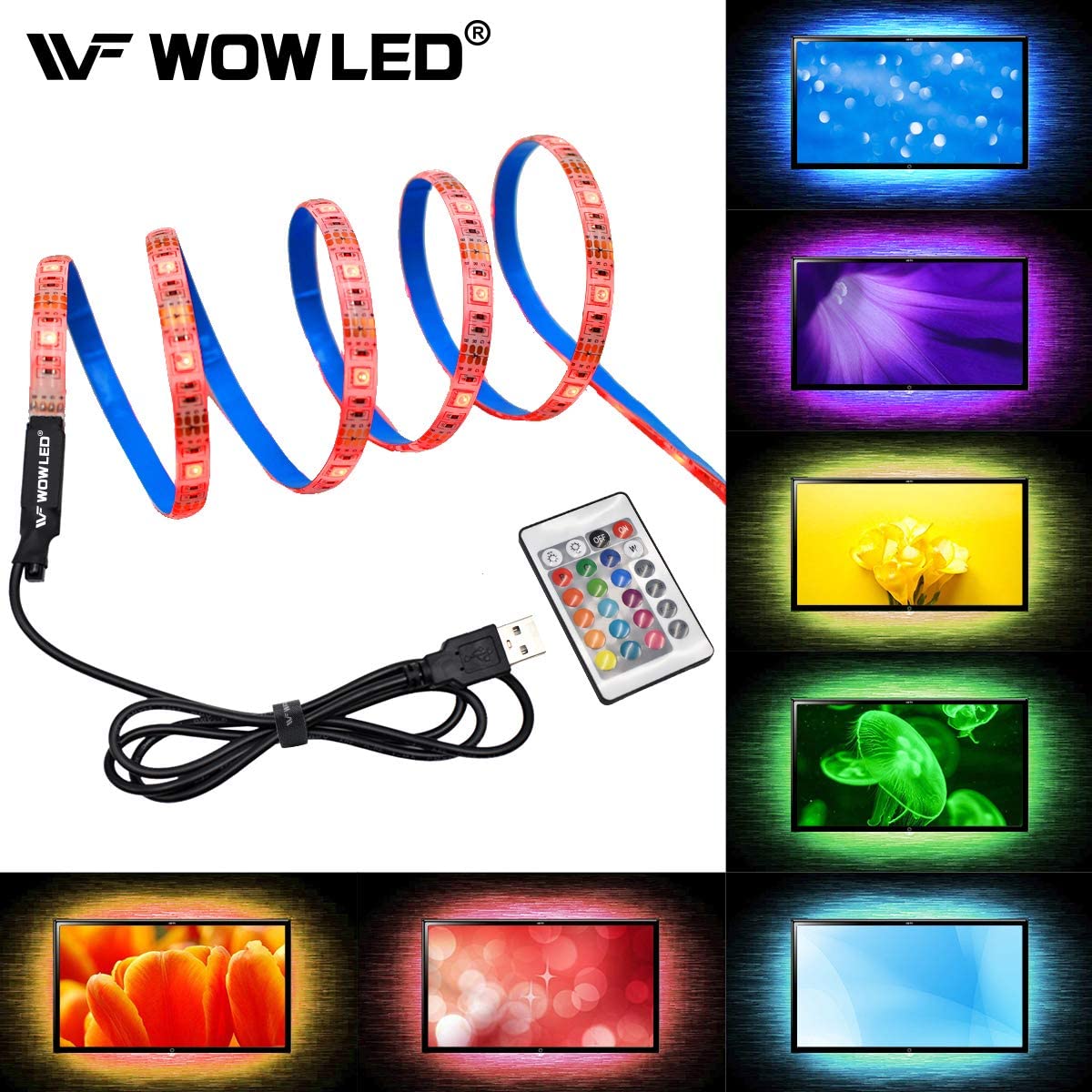 WOWLED RGB LED TV Backlight 2M 60LEDs USB Powered Multi Color SMD 5050 Lights Strip Kit with 24 Key Remote Control for Flat Screen TV PC Monitor