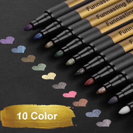 Metallic Marker Pens, Funnasting Set of 10 Assorted Colours Painting Pens Art Marker for Card Making, Scrapbooking, DIY Photo Album, Plastic, Glass, Metal, Wood, Stone, Clothes and Pottery