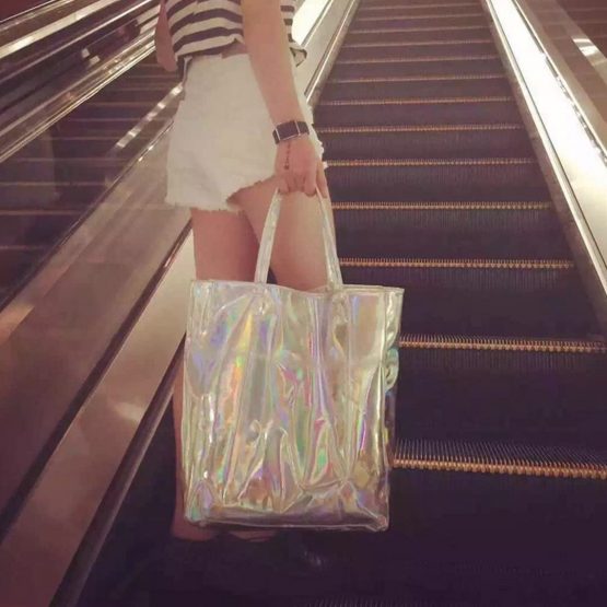 Millya Hologram Large Tote Handbag Shoulder Bag Laser PU Shopper for Men and Women Silver - Image 4