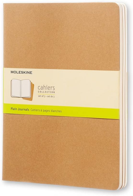 Moleskine Cahier Journal, Set 3 Notebooks with Plain Pages, Cardboard Cover with Visible Cotton Stiching, Colour Kraft Brown, Extra Large 19 x 25 cm, 120 Pages