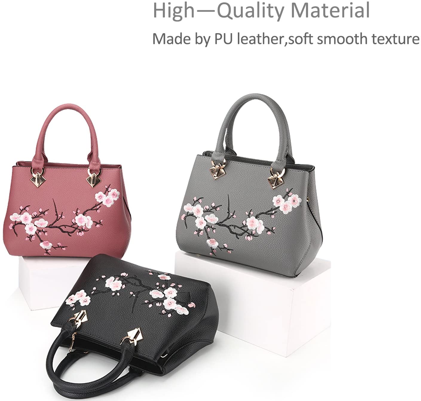 NICOLE&DORIS Woman Floral Pattern Crossbody Soft Tote Commuter PU Leather Handbag, Gray, M - Image 3