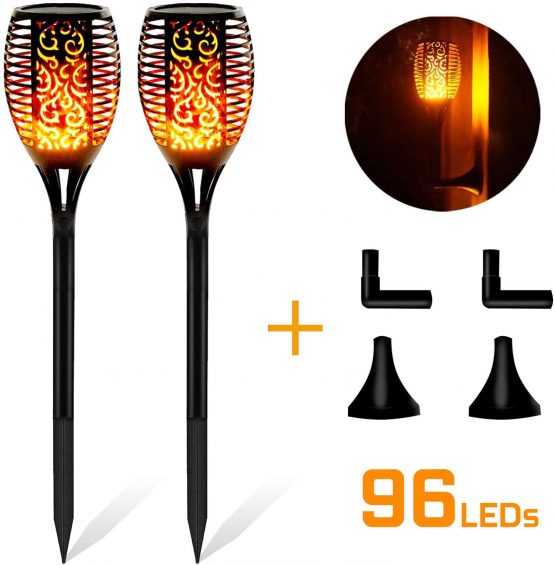 FLOWood Solar Torch Lights Waterproof 96 LED Large Dancing Flickering Flame Solar Lights Lighting Dusk to Dawn Auto On/Off Security Solar Flame for Garden Patio Pathway Halloween Decorations (2PCS)