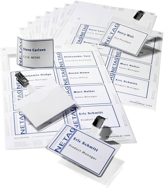 Durable Name Badge Set Visitor Assorted 20 Badges 60x90mm and 4 Insert Sheets Ref 8181-00