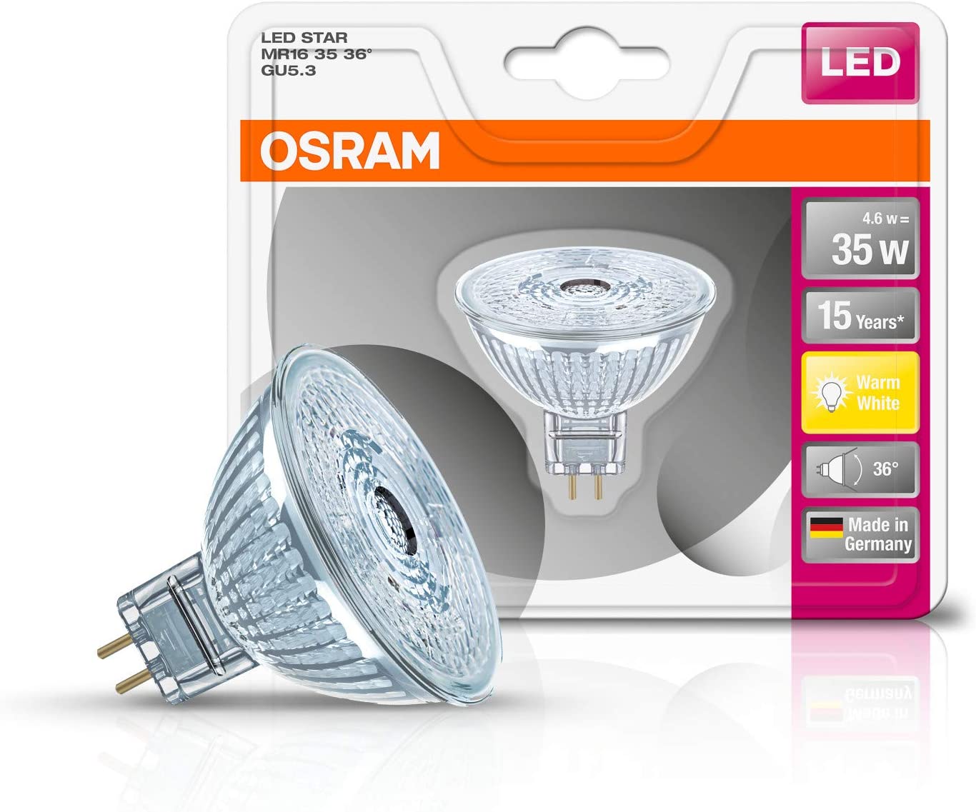 OSRAM LED Star MR16 12 V/LED Reflector lamp, MR16, for Low Voltage Operation with pin Base: GU5.3, 4.60 W, 12 V