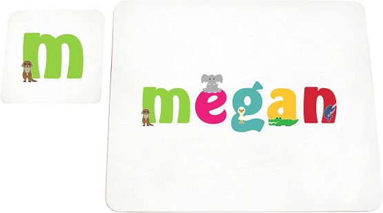 Feel Good Art High Gloss Placemat and Coaster for Babies and Toddlers Cute Illustrations and Personalised with Girl's Name (Lhv-Megan)