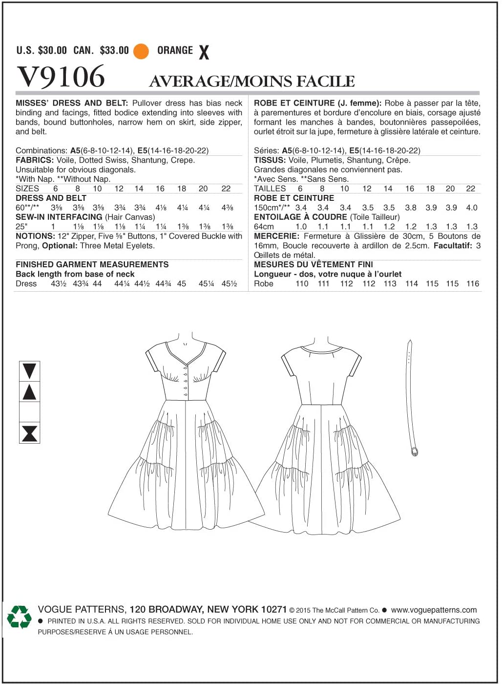 Vogue Patterns 9106, Misses Dress and Belt, Multi-Colour, Size E5 (14-16-18-20-22) - Image 2