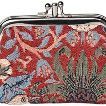 Signare Tapestry Cute Exquisite Double Pocket Kiss Lock Coin Purse for Women with William Morris Design (Strawberry Thief Red, FRMP-STRD)