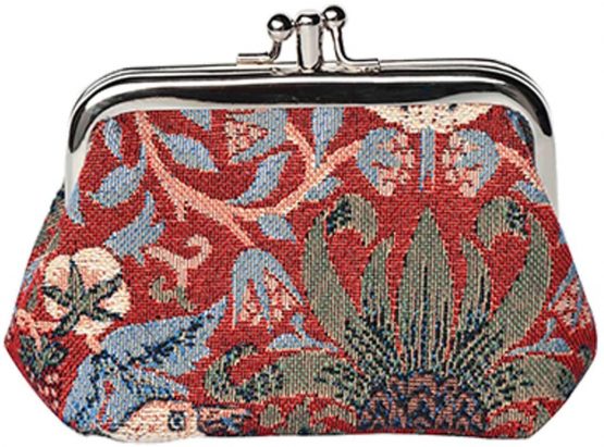 Signare Tapestry Cute Exquisite Double Pocket Kiss Lock Coin Purse for Women with William Morris Design (Strawberry Thief Red, FRMP-STRD)