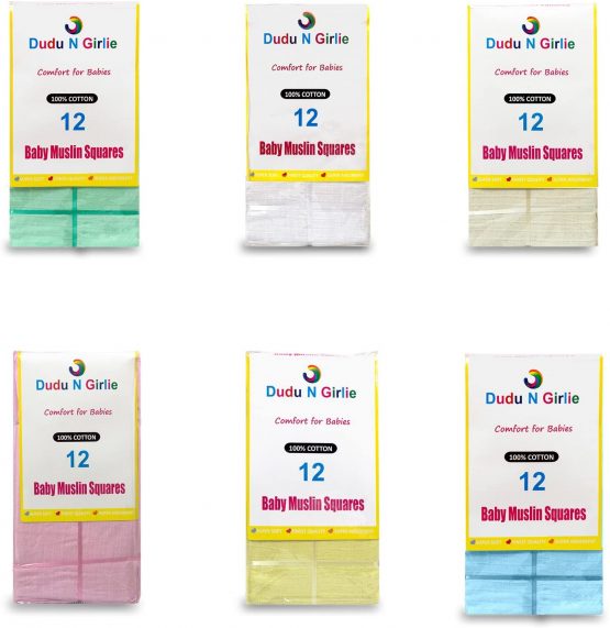 Dudu N Girlie 12 Pack 100% Pure Cotton Blue and Yellow Baby Muslin Squares, Burp Cloths, Newborn Nappy 70x70cms