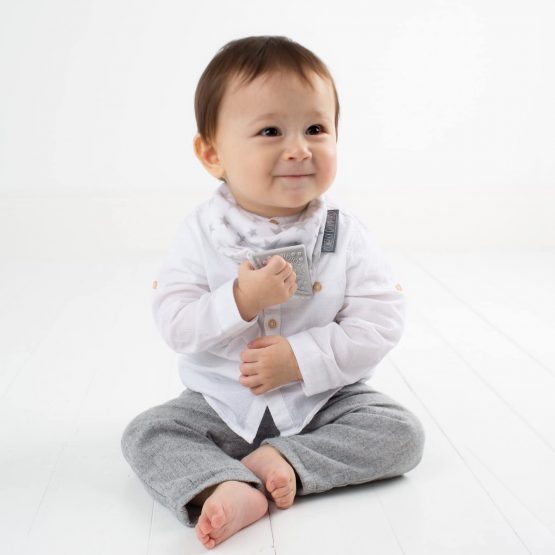 Baby Teething Dribble Bibs for Toddlers & Babies - Bandana Bibs with Silicone Teether for Boys & Girls – Sustainably Sourced Bamboo & Organic Cotton Bib - Neckerchew By Cheeky Chompers - Silver Stars - Image 3