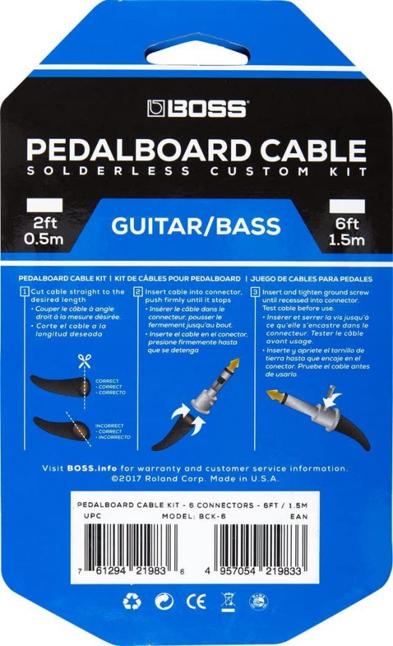 BOSS Bck-6 Solderless Pedalboard Cable Kit – 6 Foot Cable + 6 Right-Angle/Straight 1/4" Plug Connectors To Make 3 Custom Cables - Image 2
