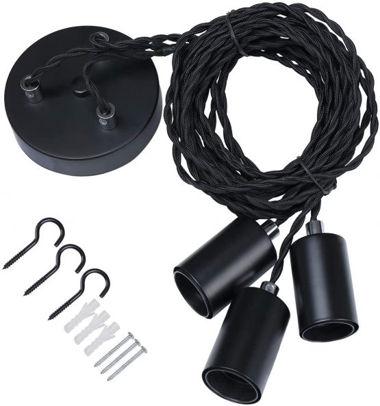 Black Industrial Pendant Light Fitting, 3lights Spider Hanging Chandelier with Adjustable 3M Twisted Braided Cable, Retro Industrial Cluster Fittings E27 Lamp Holder-Black/1010-3LT
