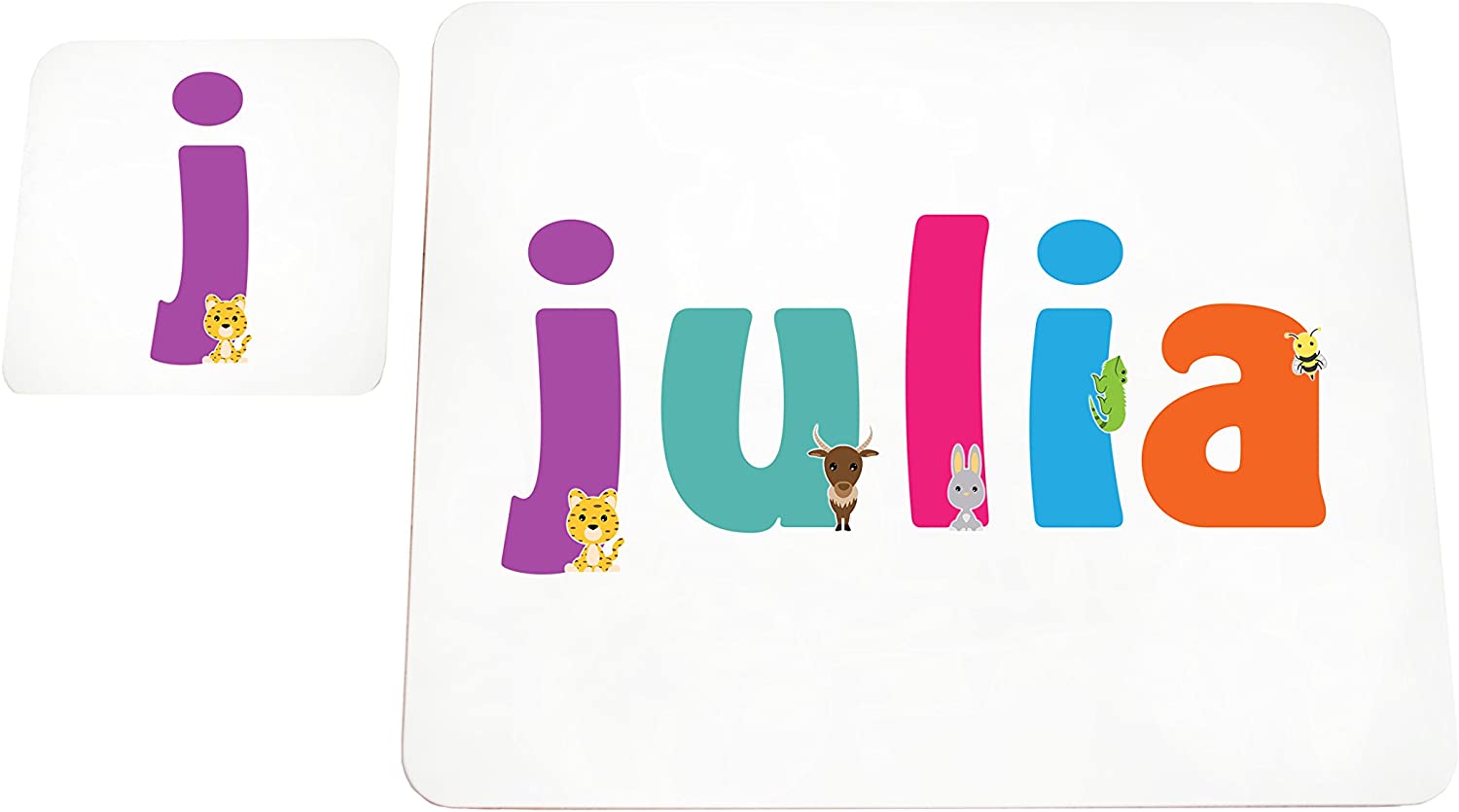 Little Helper Doily with Colourful Coaster Style Example with Girl's Name Julia, multicolour, placemat: 19 x 23cm coaster: 16 x 12cm