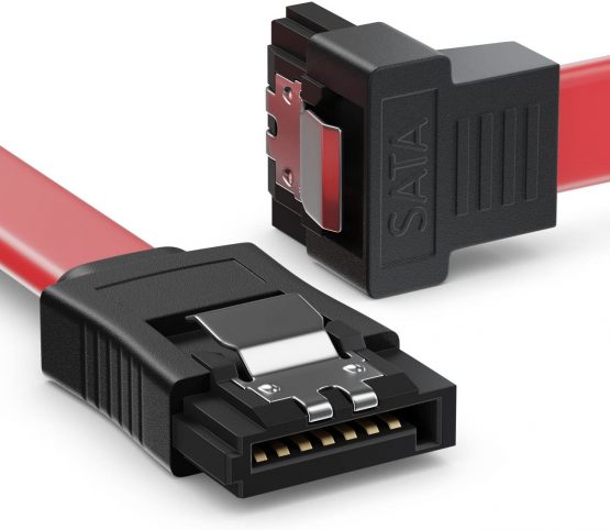 deleyCON 30cm (11.81 Inch) SATAIII Cable S-ATA 3 Data Cable HDD SSD Connection Cable Metal Clip 6GBit/s 1x Straight 1x 90° L-Type Connectors - Red - Image 2