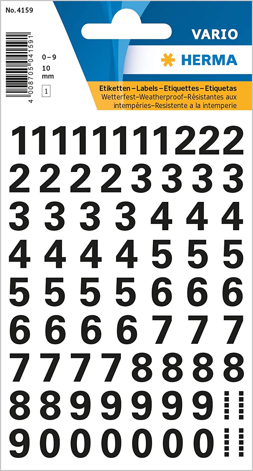 HERMA Numbers Stickers Black 0-9, 71 Pieces, Font Size 10 mm, self-Adhesive, Weatherproof, Small