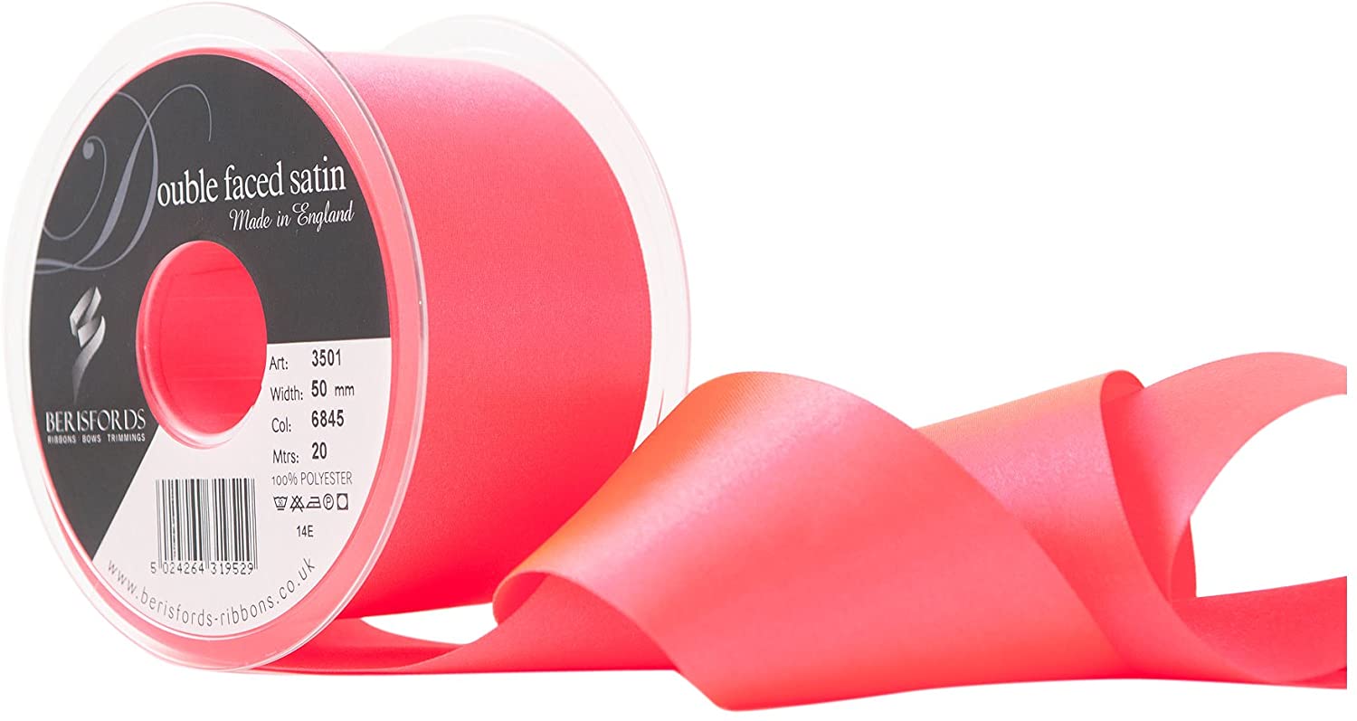 Berisfords Double Satin Ribbon, Flo Pink Dyed to D019, 50 mm x 20 m