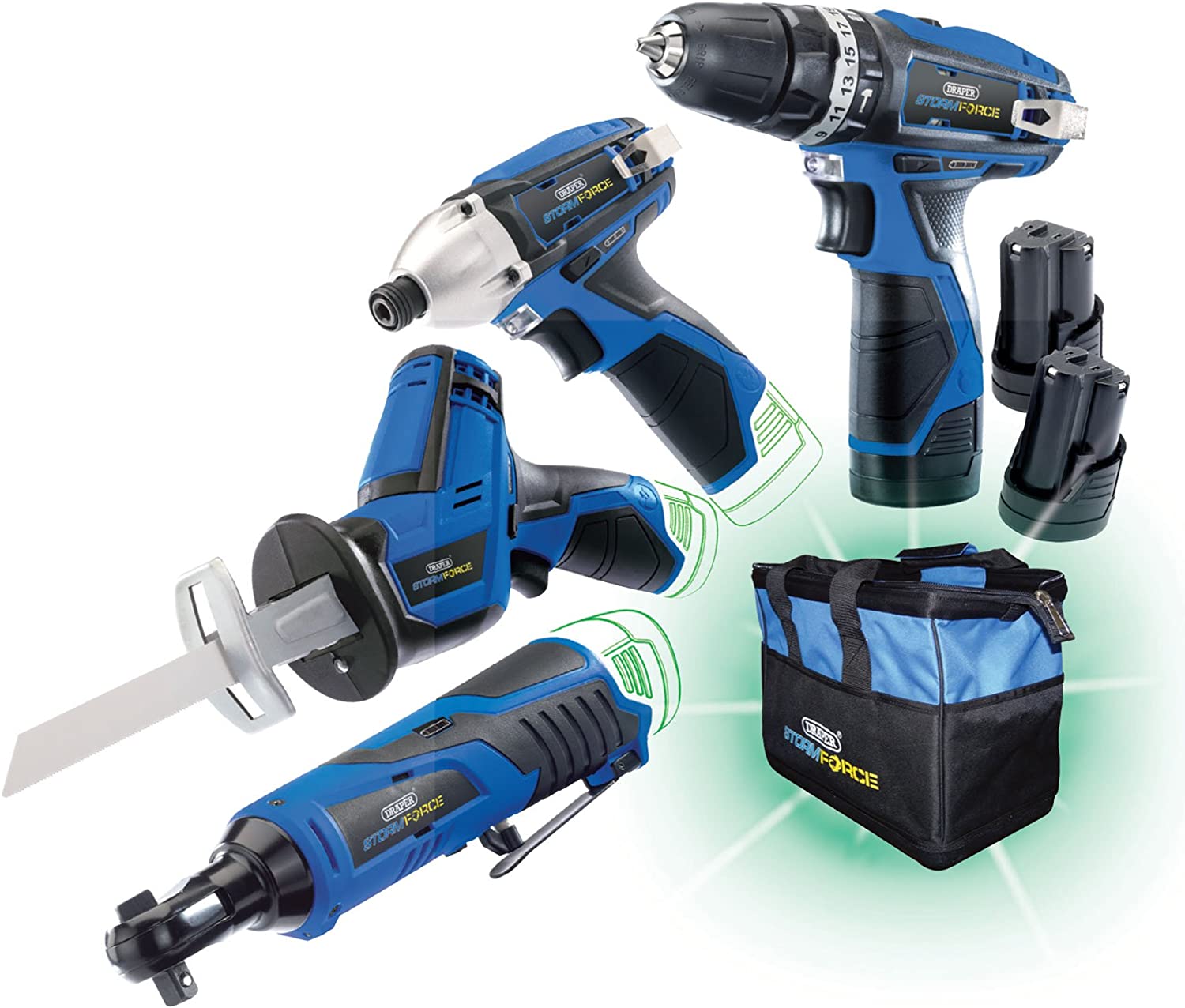 Draper *10.8V4+3 Storm Force Interchange Ultimate Deal Drill Plus 3 Batteries and Bag, 10.8 V, Blue, 4-Piece