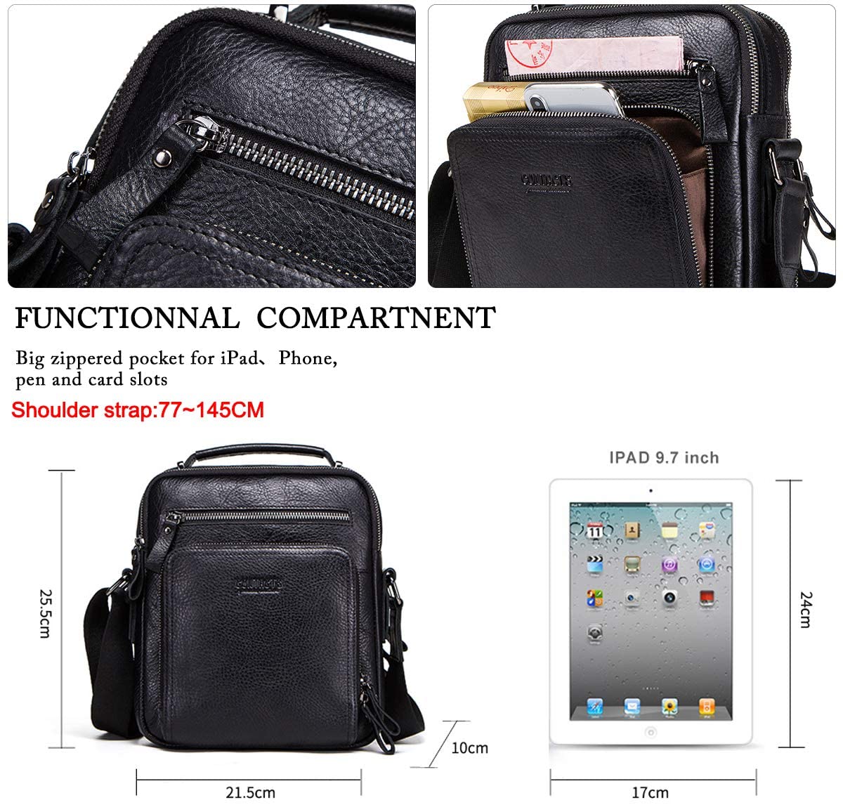 Shoulder Bag Mens Genuine Leather 7.9'' Mini Laptop Bag Tote Travel Small Crossbody Messenger Bag Multifunction Office Handbag(Black) - Image 3