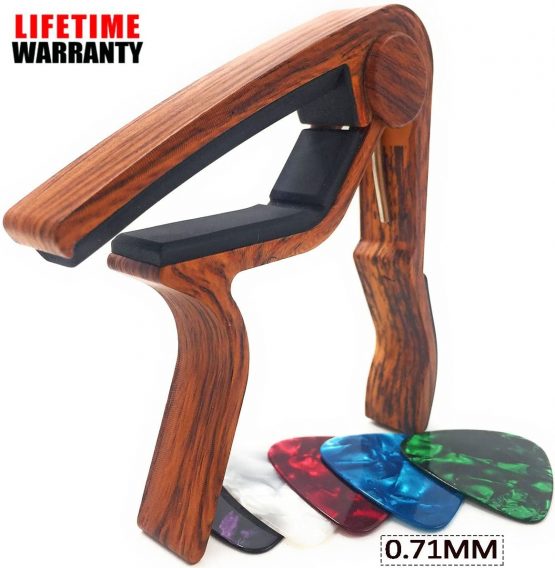 WINGO Wooden Guitar Capo Quick Change for 6-String Acoustic Electric Steel Guitars,Ukulele with 5 Picks-Rosewood Color - Image 2