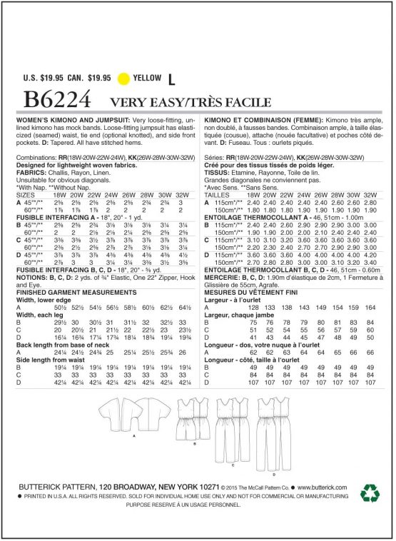 Butterick Patterns 6224 KK,Women's Kimono and Jumpsuit,Sizes 26W-28W-30W-32W, rayon - Image 2