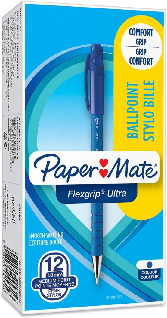 Paper Mate Flexgrip Ultra Capped Ballpoint Pens | Medium Point (1.0 mm) | Blue | 12 Count