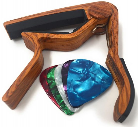 WINGO Wooden Guitar Capo Quick Change for 6-String Acoustic Electric Steel Guitars,Ukulele with 5 Picks-Rosewood Color - Image 3