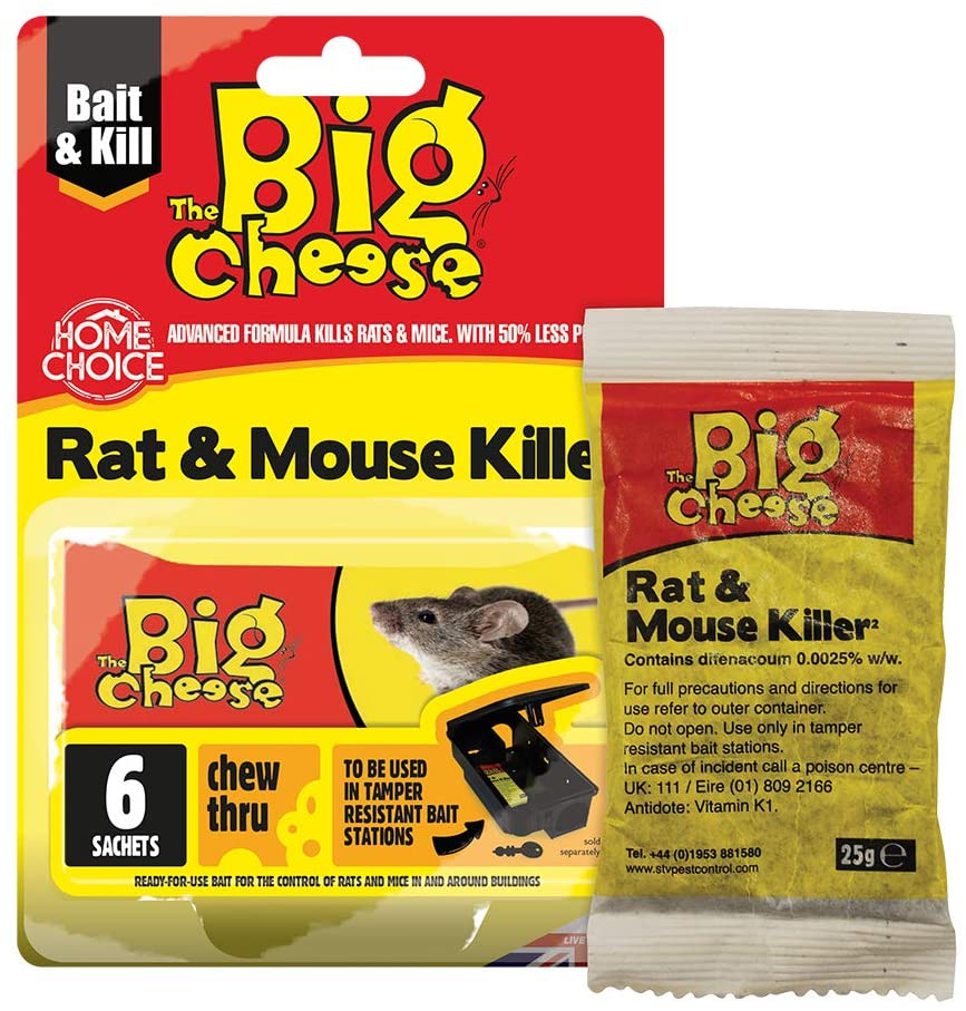 The Big Cheese Rat & Mouse Killer Grain Bait Sachet - 25g x 6 Kills Mice Pre-Measured Chew Through Sachet Difenacoum, Blue