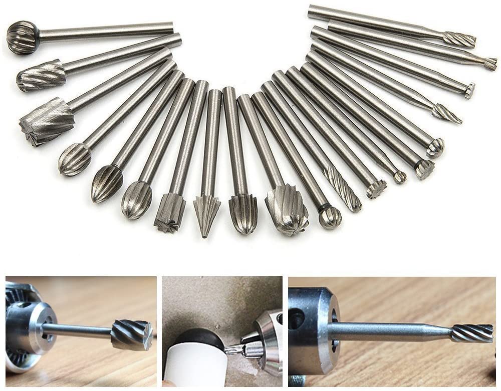 Tungsten Carbide HSS Rotary Burr Set - APlus 20pcs Wood Carving Drill Bits Set with 3mm 1/8 inch Shank for DIY Woodworking, Carving, Engraving, Drilling (Fit for Dremel)