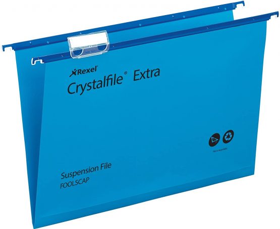 Rexel Foolscap Heavy Duty Suspension Files with Tabs and Inserts for Filing Cabinets, 15 mm base, Polypropylene, Blue, Crystalfile Extra, Pack of 25, 70630