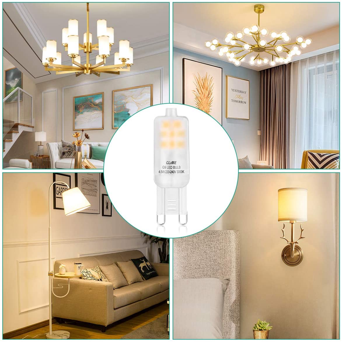 GLIME G9 LED Bulbs 6 Pack 4.5W Equivalent to 40W Halogen Bulbs No Flicker No Strobe 400LM 3000K Warm White 360° Beam Angle Non-dimmable AC 220-240V Energy Saving Light Bulbs - Image 2